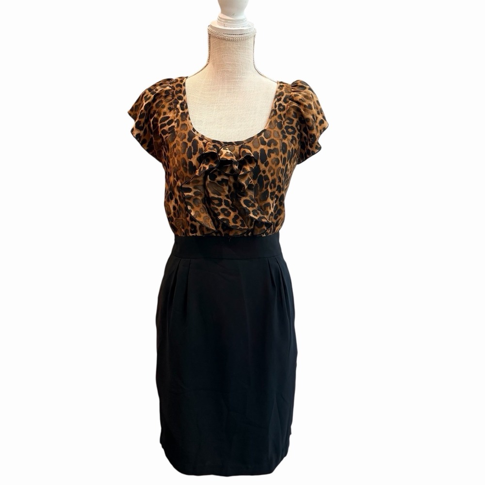 Express Retro Short & Sexy Form Fitted Ruffled Bodice Leopard & Black Dress 8